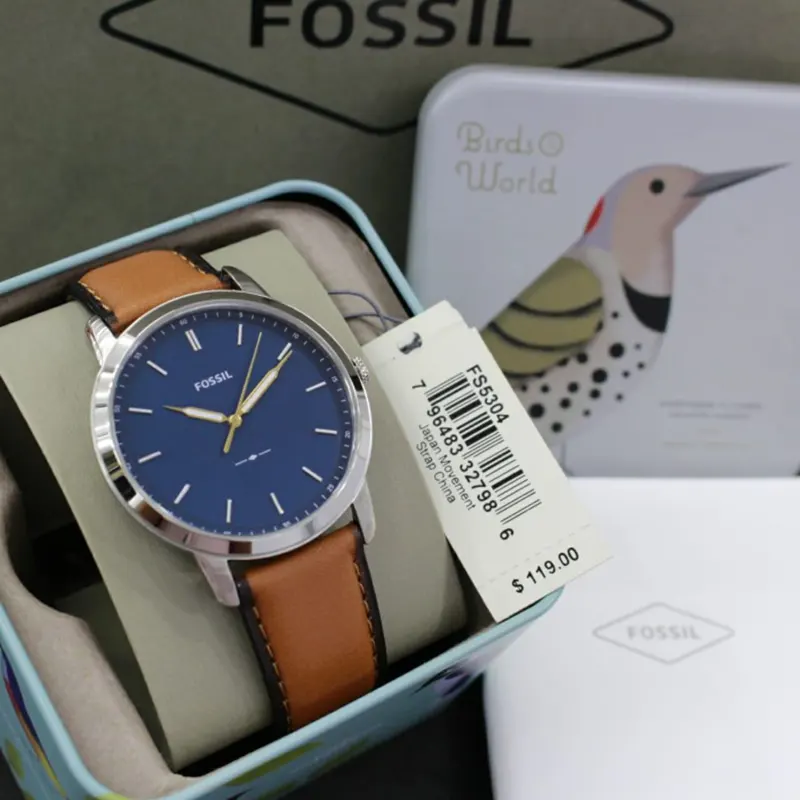 Fossil Minimalist Blue Dial Brown Leather Men's Watch- FS5304